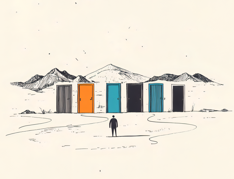 Eine minimalistische Zeichnung zeigt eine Person, die vor fünf Türen steht, jede in einer anderen Farbe, symbolisch für verschiedene Entscheidungen und Möglichkeiten im Change-Management. Im Hintergrund sind abstrakte Berge zu sehen, die Herausforderungen und Wachstum im beruflichen Kontext darstellen.